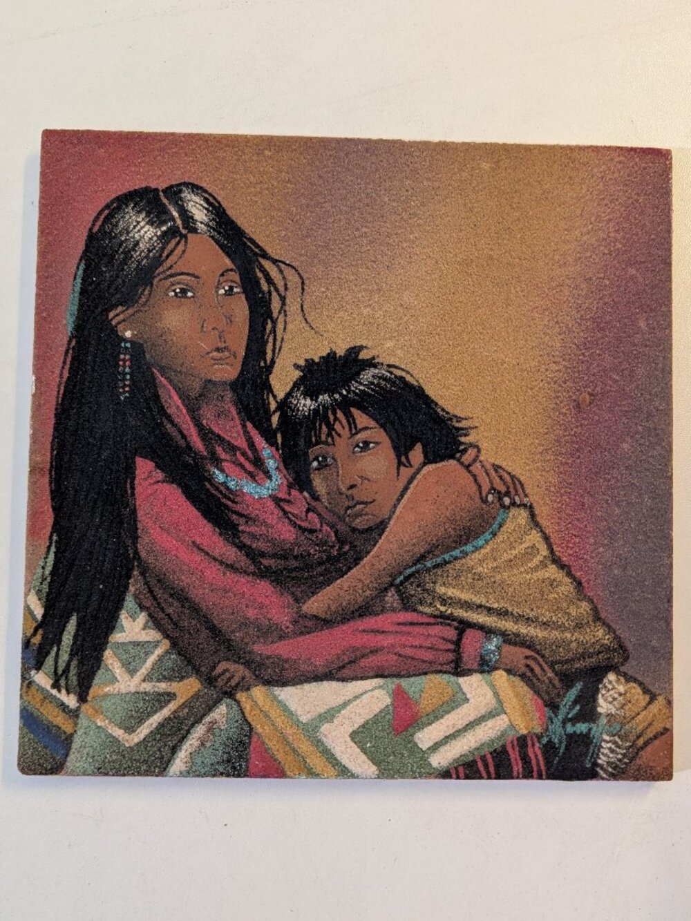 "Mother & Child" Sand Painting by Freddie Simpson Navajo Native American Artist